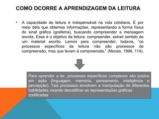 COMO OCORRE A APRENDIZAGEM DA LEITURA
• A capacidade de leitura é indispensável na vida cotidiana. É por
meio dela que obtemos informações, representando a forma física
do sinal gráfico (grafema), buscando compreender a mensagem
escrita. Esse é o objetivo da leitura: compreender, extrair sentido de
um material escrito. Lemos para compreender, todavia, “os
processos específicos da leitura não são processos de
compreensão, mas que levam à compreensão.” (Morais, 1996, 114).
Para aprender a ler, processos específicos complexos são postos
em ação (linguagem, memória, pensamento, inteligência e
percepção). Tais processos envolvem a manipulação de diferentes
habilidades visando decodificar as representações gráficas
codificadas
 