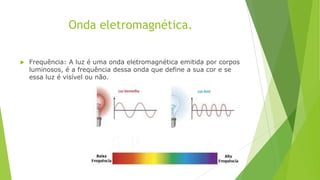 Onda eletromagnética.


Frequência: A luz é uma onda eletromagnética emitida por corpos
luminosos, é a frequência dessa onda que define a sua cor e se
essa luz é visível ou não.

 