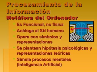 Procesamiento de laProcesamiento de la
InformaciónInformación
Metáfora del OrdenadorMetáfora del Ordenador
 Es Funcional, no físicaEs Funcional, no física
 Análoga al SN humanoAnáloga al SN humano
 Opera con símbolos yOpera con símbolos y
representacionesrepresentaciones
 Se plantean hipótesis psicológicas ySe plantean hipótesis psicológicas y
representaciones teóricasrepresentaciones teóricas
 Simula procesos mentalesSimula procesos mentales
(Inteligencia Artificial)(Inteligencia Artificial)
 