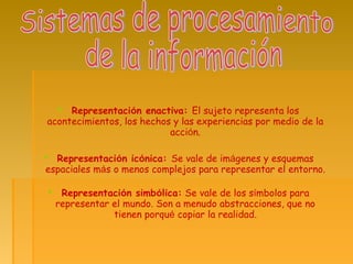  Representación enactiva: El sujeto representa los
acontecimientos, los hechos y las experiencias por medio de la
acción.
 Representación icónica: Se vale de imágenes y esquemas
espaciales más o menos complejos para representar el entorno.
 Representación simbólica: Se vale de los símbolos para
representar el mundo. Son a menudo abstracciones, que no
tienen porqué copiar la realidad.
 