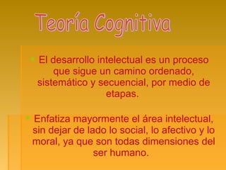  El desarrollo intelectual es un proceso
que sigue un camino ordenado,
sistemático y secuencial, por medio de
etapas.
 Enfatiza mayormente el área intelectual,
sin dejar de lado lo social, lo afectivo y lo
moral, ya que son todas dimensiones del
ser humano.
 