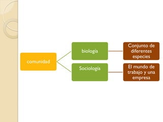 comunidad
biología
Conjunto de
diferentes
especies
Sociología El mundo de
trabajo y una
empresa
 