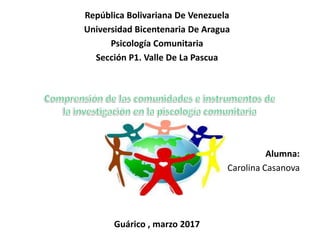 República Bolivariana De Venezuela
Universidad Bicentenaria De Aragua
Psicología Comunitaria
Sección P1. Valle De La Pascua
Alumna:
Carolina Casanova
Guárico , marzo 2017
 
