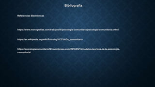 Bibliografía
https://www.monografias.com/trabajos16/psicologia-comunitaria/psicologia-comunitaria.shtml
https://es.wikipedia.org/wiki/Psicolog%C3%ADa_comunitaria
https://psicologiacomunitaria123.wordpress.com/2016/05/15/modelos-teoricos-de-la-psicologia-
comunitaria/
Referencias Electrónicas
 