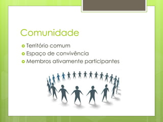 Comunidade
 Território comum
 Espaço de convivência
 Membros ativamente participantes
 