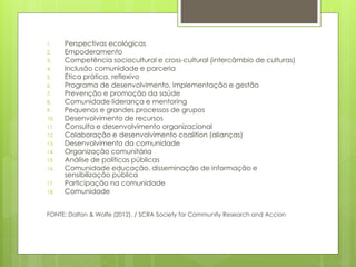 1. Perspectivas ecológicas
2. Empoderamento
3. Competência sociocultural e cross-cultural (intercâmbio de culturas)
4. Inclusão comunidade e parceria
5. Ética prática, reflexivo
6. Programa de desenvolvimento, implementação e gestão
7. Prevenção e promoção da saúde
8. Comunidade liderança e mentoring
9. Pequenos e grandes processos de grupos
10. Desenvolvimento de recursos
11. Consulta e desenvolvimento organizacional
12. Colaboração e desenvolvimento coalition (alianças)
13. Desenvolvimento da comunidade
14. Organização comunitária
15. Análise de políticas públicas
16. Comunidade educação, disseminação de informação e
sensibilização pública
17. Participação na comunidade
18. Comunidade
FONTE: Dalton & Wolfe (2012). / SCRA Society for Community Research and Accion
 