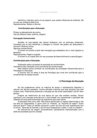 PSICOLOGIA DA EDUCAÇÃO

Identifica o indivíduo como um ser passivo, que recebe influências do ambiente. Ele
é o que seu ambiente determina;
Representantes: Watson e Skinner.
Contribuições para a Educação.
Ênfase no planejamento do ensino;
Uso de reforços (notas, prêmios, elogios);
Concepção interacionista:
Acredita na inter-relação dos fatores biológicos com os estímulos ambientais.
Considera que os dois elementos: o biológico e o social, não podem ser dissociados e
exercem influência mútua.
Algumas características:
O homem se constrói a partir das interações que estabelece com o meio (objetos ou
pessoas);
Representantes: Piaget e Vygotski;
O homem é um sujeito ativo em seu processo de desenvolvimento e aprendizagem.
Contribuições para a Educação:
Explicação sobre o processo de aquisição do conhecimento;
Importância das interações como promotoras de transformação.
Mais adiante iremos conhecer as contribuições da concepção interacionista para a
Psicologia e a Educação.
O próximo item se refere à área da Psicologia que muito tem contribuído para a
compreensão do espaço escolar.

1.3 Psicologia da Educação
Se nós pudéssemos entrar na máquina do tempo e estivéssemos dispostos a
retornar aos séculos passados, iríamos perceber vivências que hoje achamos que nem
existem mais. Poderíamos presenciar a situação de não existir eletricidade? carros? Nem
pensar!
Imagine ser testemunha de uma época em que não existiam escolas. Educar
significava uma interação profunda com a comunidade; era compreender e participar das
tradições do local pela transmissão da experiência dos mais velhos.
A educação tinha outro valor. Não estava aprisionada no espaço determinado e não
era feita por especialistas. E quem eram os “mestres”, os “doutores do saber?” Quem
educava quem? Todos os adultos educavam a partir da troca de suas experiências com
os outros. “Aprendia-se fazendo, o que tornava inseparáveis o saber, a vida e o trabalho”.
Ao retornarmos da viagem, provavelmente, estivéssemos impressionados com o
estilo da sociedade que fora visitada.

12

 