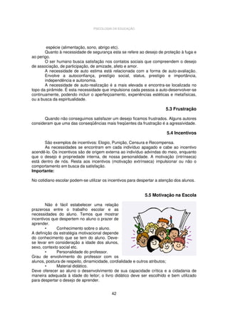 PSICOLOGIA DA EDUCAÇÃO

espécie (alimentação, sono, abrigo etc).
Quanto à necessidade de segurança esta se refere ao desejo de proteção à fuga e
ao perigo.
O ser humano busca satisfação nos contatos sociais que compreendem o desejo
de associação, de participação, de amizade, afeto e amor.
A necessidade de auto estima está relacionada com a forma de auto-avaliação.
Envolve a autoconfiança, prestígio social, status, prestígio e importância,
independência e autonomia.
A necessidade de auto-realização é a mais elevada e encontra-se localizada no
topo da pirâmide. É esta necessidade que impulsiona cada pessoa a auto-desenvolver-se
continuamente, podendo incluir o aperfeiçoamento, experiências estéticas e metafísicas,
ou a busca da espiritualidade.

5.3 Frustração
Quando não conseguimos satisfazer um desejo ficamos frustrados. Alguns autores
consideram que uma das conseqüências mais freqüentes da frustração é a agressividade.

5.4 Incentivos
São exemplos de incentivos: Elogio, Punição, Censura e Recompensa.
As necessidades se encontram em cada indivíduo apagado e cabe ao incentivo
acendê-lo. Os incentivos são de origem externa ao indivíduo advindas do meio, enquanto
que o desejo é propriedade interna, de nossa personalidade. A motivação (intrínseca)
está dentro de nós. Resta aos incentivos (motivação extrínseca) impulsionar ou não o
comportamento em busca da satisfação.
Importante:
No cotidiano escolar podem-se utilizar os incentivos para despertar a atenção dos alunos.

5.5 Motivação na Escola
Não é fácil estabelecer uma relação
prazerosa entre o trabalho escolar e as
necessidades do aluno. Temos que mostrar
incentivos que despertem no aluno o prazer de
aprender.
•
Conhecimento sobre o aluno.
A definição da estratégia motivacional depende
do conhecimento que se tem do aluno. Devese levar em consideração a idade dos alunos,
sexo, contexto social etc.
•
Personalidade do professor.
Grau de envolvimento do professor com os
alunos, postura de respeito, dinamicidade, cordialidade e outros atributos;
•
Material didático.
Deve oferecer ao aluno o desenvolvimento de sua capacidade crítica e a cidadania de
maneira adequada à idade do leitor; o livro didático deve ser escolhido e bem utilizado
para despertar o desejo de aprender.
42

 