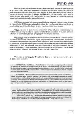 27
Vejamos a concepção freudiana das fases de desenvolvimento
psicossexual humano:
I. FASE ORAL – 0 a 18 meses. Nesta fase o ser humano é movido pela pulsão básica de
sobrevivência, associando prazer com redução de tensão, e esse mecanismo está relacionado ao
processo de alimentação. Necessidade e gratificação concentram-se em torno dos lábios, boca, língua
e dentes, enfim, a oralidade. Durante essa fase, a estimulação da boca, como o sugar, morder e engolir
é a fonte primaria do prazer;
II. FASEANAL- 18 meses a 03 anos. Correlato ao aprendizado social do controle dos esfíncteres,
estes, esfíncteres anais e bexiga, passam a se constituir nas novas áreas corporais de tensão
(necessidade) e gratificação (prazer), principalmente porque estão associadas com recompensas e
punições, prazer e desprazer, durante todo o aprendizado, em função da adequação social que diz
respeito ao controle das esfíncteres.Durante esse estágio as crianças podem expelir ou reter fezes,
por exemplo, desafiando os pais;
Nesta teorização vê-se claramente que o desenvolvimento humano é concebido como
se processando em fases, as quais devem suceder-se naturalmente, quando se trata de um
desenvolvimento normal. Essas fases dizem respeito ao desenvolvimento da personalidade,
concebida em três sistemas - ID, EGO e SUPEREGO – correlacionados com a energia
psíquica que é a força motriz para a operação da personalidade, e, conseqüentemente,
para a sua manifestação pelos comportamentos.
O ID é a parte mais primitiva da personalidade, corresponde mais ou menos à noção
de inconsciente. O ID busca a satisfação imediata dos impulsos, agindo de acordo com o
princípio do prazer. É constituído por forças e impulsos, inclusive os sexuais.
O Ego é a sede da consciência, considerado o “executivo da personalidade”, na
medida em que dirige a ação do sujeito, conciliando as exigências do Id, com o mundo
externo e as ordens do superego. É regido pelo princípio da realidade.
O Superego, por sua vez, têm um desenvolvimento iniciado desde a primeira infância
através do convívio e submissão do sujeito a regras e limites, funciona como a referência
moral e ideal da personalidade para o sujeito, constituída pelos valores ideais e tradicionais
da sociedade, e, diga-se de passagem, do modo como foram interpretados e internalizados
pela criança, a partir do ditame de seus pais, numa relação de condicionamento em que
reforços e castigos foram empregados (na chamada educação doméstica). Ele se coloca
como um sensor cuja atuação depende do autocontrole do indivíduo.
Na fase oral e na fase anal a criança ainda tem sua socialização mais restrita ao ambiente
familiar, primordialmente às figuras do pai e da mãe, e caminha de uma situação de completa satisfação
e gratificação, como bebê, para experimentar aos poucos algumas frustrações decorrentes do processo
de adaptação às exigência do mundo social, como o controle de esfíncteres.
Freud chama a atenção para a necessidade de se viver o processo de adaptação do pequeno
ser ao mundo extra-uterino de uma forma que ele tenha amparo afetivo e emocional, para evitar que as
frustrações se constituam em perturbações de comportamento a trazer danos futuros.
 