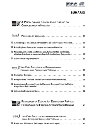 3
A PSICOLOGIA DA EDUCAÇÃO NO ESTUDO DO
COMPORTAMENTO HUMANO
PSICOLOGIA DA EDUCAÇÃO
A Psicologia: uma breve retrospectiva de sua evolução histórica
Psicologia da Educação: origem e evolução histórica
Natureza, dimensão epistemológica, fundamentos científicos,
objetos de estudo e os conteúdos da Psicologia da Educação
Atividades Complementares
Conceitos Básicos
Perspectivas Teóricas sobre o Desenvolvimento Humano
Aspectos do Desenvolvimento Humano: Desenvolvimento Físico,
Cognitivo e Psicossocial
PSICOLOGIA DA EDUCAÇÃO: ESTUDOS DA PRÁTICA
PEDAGÓGICA EM FACE DA APRENDIZAGEM HUMANA
SUMÁRIOSUMÁRIOSUMÁRIOSUMÁRIOSUMÁRIO
07
07
07
16
17
20
20
○ ○ ○ ○ ○ ○ ○ ○ ○ ○ ○ ○ ○ ○ ○ ○ ○ ○ ○ ○ ○ ○ ○ ○ ○ ○
○ ○ ○ ○ ○ ○ ○ ○ ○ ○ ○ ○ ○ ○ ○ ○ ○ ○ ○ ○ ○ ○ ○ ○ ○ ○ ○ ○ ○ ○
○ ○ ○ ○ ○ ○ ○ ○ ○ ○ ○ ○ ○ ○ ○ ○
○ ○ ○ ○ ○ ○ ○ ○ ○ ○
○ ○ ○ ○ ○ ○ ○ ○ ○ ○ ○ ○ ○ ○ ○ ○ ○ ○ ○ ○ ○
○ ○ ○ ○ ○ ○ ○ ○ ○ ○ ○ ○ ○ ○ ○ ○ ○ ○ ○ ○ ○ ○ ○ ○ ○ ○ ○ ○ ○ ○ ○ ○ ○ ○ ○ ○ ○ ○ ○ ○ ○
○ ○ ○ ○ ○ ○ ○ ○ ○ ○ ○ ○ ○ ○ ○ ○ ○ ○ ○ ○ ○ ○ ○ ○ ○ ○ ○ ○ ○ ○ ○ ○ ○ ○ ○ ○
○ ○ ○ ○ ○ ○ ○ ○
UMA VISÃO PSICOLÓGICA DO DESENVOLVIMENTO
HUMANO E SUAS PERSPECTIVAS TEÓRICAS
36
19○ ○ ○ ○ ○ ○ ○ ○ ○ ○ ○ ○ ○ ○ ○ ○ ○ ○ ○ ○ ○ ○ ○ ○ ○ ○ ○ ○ ○ ○ ○ ○ ○ ○
25○ ○ ○ ○ ○ ○ ○ ○ ○ ○ ○ ○ ○
Atividades Complementares ○ ○ ○ ○ ○ ○ ○ ○ ○ ○ ○ ○ ○ ○ ○ ○ ○ ○ ○ ○ ○ ○ ○ ○ ○ ○ ○ ○ ○ ○ ○ ○ ○ ○ 42
45
45○ ○ ○ ○ ○ ○
○ ○ ○ ○ ○ ○ ○ ○ ○ ○ ○ ○ ○ ○ ○ ○ ○ ○
UMA VISÃO PSICOLÓGICA DA APRENDIZAGEM HUMANA
E SUAS DIFERENTES CONCEPÇÕES TEÓRICAS
Panorama Teórico da Psicologia da Aprendizagem
45○ ○ ○ ○ ○ ○ ○ ○ ○ ○ ○ ○ ○ ○ ○ ○ ○ ○ ○
 