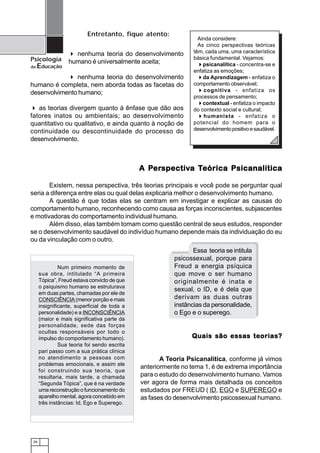 Entretanto, fique atento:
                                                                  Ainda considere:
                                                                  As cinco perspectivas teóricas
                    nenhuma teoria do desenvolvimento           têm, cada uma, uma característica
Psicologia        humano é universalmente aceita;
                                                                básica fundamental. Vejamos:
da   Educação                                                       psicanalítica - concentra-se e
                                                                enfatiza as emoções;
               nenhuma teoria do desenvolvimento                    da Aprendizagem - enfatiza o
humano é completa, nem aborda todas as facetas do               comportamento observável;
desenvolvimento humano;                                             cognitiva - enfatiza os
                                                                processos de pensamento;
                                                                    contextual - enfatiza o impacto
   as teorias divergem quanto à ênfase que dão aos              do contexto social e cultural;
fatores inatos ou ambientais; ao desenvolvimento                    humanista - enfatiza o
quantitativo ou qualitativo, e ainda quanto à noção de          potencial do homem para o
continuidade ou descontinuidade do processo do                  desenvolvimento positivo e saudável.
desenvolvimento.



                                                Perspectiva Teórica
                                                 erspectiv
                                              A Perspectiva Teórica Psicanalitica

       Existem, nessa perspectiva, três teorias principais e você pode se perguntar qual
seria a diferença entre elas ou qual delas explicaria melhor o desenvolvimento humano.
       A questão é que todas elas se centram em investigar e explicar as causas do
comportamento humano, reconhecendo como causa as forças inconscientes, subjascentes
e motivadoras do comportamento individual humano.
       Além disso, elas também tomam como questão central de seus estudos, responder
se o desenvolvimento saudável do indivíduo humano depende mais da individuação do eu
ou da vinculação com o outro.
                                                                Essa teoria se intitula
                                                         psicossexual, porque para
               Num primeiro momento de                   Freud a energia psíquica
      sua obra, intitulado “A primeira                   que move o ser humano
      Tópica”, Freud estava convicto de que              originalmente é inata e
      o psiquismo humano se estruturava
                                                         sexual, o ID, e é dela que
      em duas partes, chamadas por ele de
      CONSCIÊNCIA (menor porção e mais                   derivam as duas outras
      insignificante, superficial de toda a              instâncias da personalidade,
      personalidade) e a INCONSCIÊNCIA                   o Ego e o superego.
      (maior e mais significativa parte da
      personalidade, sede das forças
      ocultas responsáveis por todo o
      impulso do comportamento humano).                        Quais são essas teorias?
               Sua teoria foi sendo escrita
      pari passo com a sua prática clínica
      no atendimento a pessoas com                   A Teoria Psicanalítica, conforme já vimos
      problemas emocionais, e assim ele
                                              anteriormente no tema 1, é de extrema importância
      foi construindo sua teoria, que
      resultaria, mais tarde, a chamada       para o estudo do desenvolvimento humano. Vamos
      “Segunda Tópica”, que é na verdade      ver agora de forma mais detalhada os conceitos
      uma reconstrução o funcionamento do     estudados por FREUD ( ID, EGO e SUPEREGO e
      aparelho mental, agora concebido em     as fases do desenvolvimento psicossexual humano.
      três instâncias: Id, Ego e Superego.




 26
 