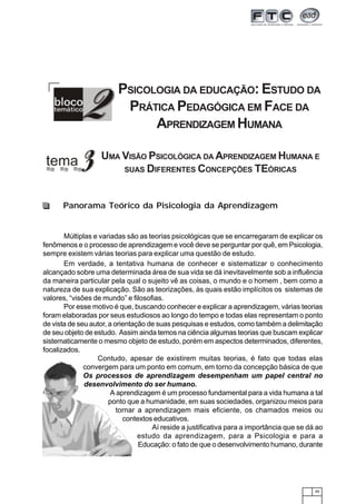 PSICOLOGIA DA EDUCAÇÃO: ESTUDO DA
                          PRÁTICA PEDAGÓGICA EM FACE DA
                               APRENDIZAGEM HUMANA

                   UMA VISÃO PSICOLÓGICA DA APRENDIZAGEM HUMANA E
                       SUAS DIFERENTES CONCEPÇÕES TEÓRICAS



      Panorama Teórico da Pisicologia da Aprendizagem


       Múltiplas e variadas são as teorias psicológicas que se encarregaram de explicar os
fenômenos e o processo de aprendizagem e você deve se perguntar por quê, em Psicologia,
sempre existem várias teorias para explicar uma questão de estudo.
       Em verdade, a tentativa humana de conhecer e sistematizar o conhecimento
alcançado sobre uma determinada área de sua vida se dá inevitavelmente sob a influência
da maneira particular pela qual o sujeito vê as coisas, o mundo e o homem , bem como a
natureza de sua explicação. São as teorizações, às quais estão implícitos os sistemas de
valores, “visões de mundo” e filosofias.
       Por esse motivo é que, buscando conhecer e explicar a aprendizagem, várias teorias
foram elaboradas por seus estudiosos ao longo do tempo e todas elas representam o ponto
de vista de seu autor, a orientação de suas pesquisas e estudos, como também a delimitação
de seu objeto de estudo. Assim ainda temos na ciência algumas teorias que buscam explicar
sistematicamente o mesmo objeto de estudo, porém em aspectos determinados, diferentes,
focalizados.
                  Contudo, apesar de existirem muitas teorias, é fato que todas elas
              convergem para um ponto em comum, em torno da concepção básica de que
              Os processos de aprendizagem desempenham um papel central no
              desenvolvimento do ser humano.
                        A aprendizagem é um processo fundamental para a vida humana a tal
                       ponto que a humanidade, em suas sociedades, organizou meios para
                          tornar a aprendizagem mais eficiente, os chamados meios ou
                            contextos educativos.
                                     Aí reside a justificativa para a importância que se dá ao
                                 estudo da aprendizagem, para a Psicologia e para a
                                 Educação: o fato de que o desenvolvimento humano, durante




                                                                                           45
 
