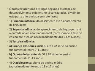 • É possível fazer uma distinção segundo as etapas de
desenvolvimento e de ensino já consagradas, dividindo
esta parte diferenciada em sete fases:
• 1) Primeira infância: do nascimento até o aparecimento
da linguagem;
• 2) Segunda infância: do aparecimento da linguagem até
a entrada no ensino fundamental (corresponde à fase do
ensino pré-escolar, aproximadamente dos 2 aos 6 anos);
• 3) Terceira infância:
• a) Criança das séries iniciais: até a 4ª série do ensino
fundamental (entre 7-11 anos)
• b) O pré-adolescente: da 5ª à 8ª série do ensino
fundamental (11-13 anos)
• 4) O adolescente: aluno do ensino médio
(aproximadamente entre 13 e 17 anos)

 