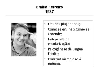 Emília Ferreiro 1937 Estudos piagetianos; Como se ensina x Como se aprende; Independe da escolarização; Psicogênese da Língua Escrita; Construtivismo não é método. 
