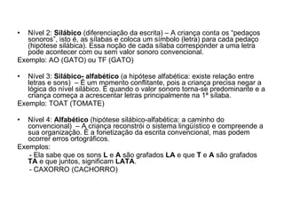 Nível 2:  Silábico  (diferenciação da escrita) – A criança conta os “pedaços sonoros”, isto é, as sílabas e coloca um símbolo (letra) para cada pedaço (hipótese silábica). Essa noção de cada sílaba corresponder a uma letra pode acontecer com ou sem valor sonoro convencional. Exemplo: AO (GATO) ou TF (GATO) Nível 3:  Silábico- alfabético  (a hipótese alfabética: existe relação entre letras e sons)   – É um momento conflitante, pois a criança precisa negar a lógica do nível silábico. É quando o valor sonoro torna-se predominante e a criança começa a acrescentar letras principalmente na 1ª sílaba. Exemplo: TOAT (TOMATE) Nível 4:  Alfabético  (hipótese silábico-alfabética: a caminho do convencional)  – A criança reconstrói o sistema lingüístico e compreende a sua organização. É a fonetização da escrita convencional, mas podem ocorrer erros ortográficos.  Exemplos: - Ela sabe que os sons  L  e  A  são grafados  LA  e que  T  e  A  são grafados  TA  e que juntos, significam  LATA . - CAXORRO (CACHORRO) 