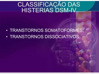 CLASSIFICAÇÃO DAS
     HISTERIAS DSM-IV


• TRANSTORNOS SOMATOFORMES;
• TRANSTORNOS DISSOCIATIVOS
 