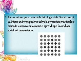 • En sus inicios gran partede la Psicología de laGestalt centró
su interés en investigaciones sobre la percepción; más tarde lo
extiende a otros campos como el aprendizaje, la conducta
social y el pensamiento.
 