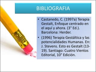BIBLIOGRAFIA
• Castanedo, C. (1997a) Terapia
Gestalt, Enfoque centrado en
el aquí y ahora. (3° Ed.).
Barcelona: Herder.
• (1996) Terapia Gestáltica y las
potencialidades Humanas. En:
J. Stevens. Esto es Gestalt (13-
19). Santiago: Cuatro Vientos
Editorial, 10° Edición.
 