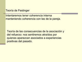 Teoría de Festinger Intentaremos tener coherencia interna manteniendo coherencia con las de la pareja.  Teoría de las consecuencias de la asociación y del refuerzo: nos sentiremos atraídos por quienes aparezcan asociados a experiencias positivas del pasado.  
