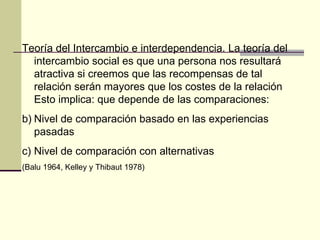 Teoría del Intercambio e interdependencia. La teoría del intercambio social es que una persona nos resultará atractiva si creemos que las recompensas de tal relación serán mayores que los costes de la relación Esto implica: que depende de las comparaciones: Nivel de comparación basado en las experiencias pasadas Nivel de comparación con alternativas (Balu 1964, Kelley y Thibaut 1978)  