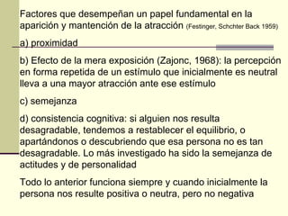 Factores que desempeñan un papel fundamental en la aparición y mantención de la atracción  (Festinger, Schchter Back 1959) a) proximidad  b) Efecto de la mera exposición (Zajonc, 1968): la percepción en forma repetida de un estímulo que inicialmente es neutral lleva a una mayor atracción ante ese estímulo c) semejanza d) consistencia cognitiva: si alguien nos resulta desagradable, tendemos a restablecer el equilibrio, o apartándonos o descubriendo que esa persona no es tan desagradable. Lo más investigado ha sido la semejanza de actitudes y de personalidad  Todo lo anterior funciona siempre y cuando inicialmente la persona nos resulte positiva o neutra, pero no negativa 