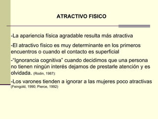 ATRACTIVO FISICO -La apariencia física agradable resulta más atractiva -El atractivo físico es muy determinante en los primeros encuentros o cuando el contacto es superficial -“Ignorancia cognitiva” cuando decidimos que una persona no tienen ningún interés dejamos de prestarle atención y es olvidada.  (Rodin, 1987):  -Los varones tienden a ignorar a las mujeres poco atractivas  (Feingold, 1990; Pierce, 1992) 
