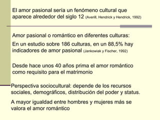 Amor pasional o romántico en diferentes culturas: En un estudio sobre 186 culturas, en un 88,5% hay indicadores de amor pasional  (Jankowiak y Fischer, 1992) El amor pasional sería un fenómeno cultural que aparece alrededor del siglo 12  (Averill, Hendrick y Hendrick, 1992) Desde hace unos 40 años prima el amor romántico como requisito para el matrimonio Perspectiva sociocultural: depende de los recursos sociales, demográficos, distribución del poder y status.  A mayor igualdad entre hombres y mujeres más se valora el amor romántico 