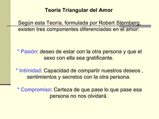 Teoría Triangular del Amor  Según esta Teoría, formulada por Robert Sternberg, existen tres componentes diferenciadas en el amor:  * Pasión : deseo de estar con la otra persona y que el sexo con ella sea gratificante.  * Intimidad : Capacidad de compartir nuestros deseos , sentimientos y secretos con la otra persona.  * Compromiso : Certeza de que pase lo que pase esa persona no nos olvidará.  