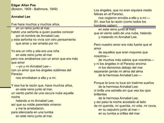 Edgar Allan Poe (Boston, 1809 - Baltimore, 1849) Annabel Lee Fue hace muchos y muchos años,      en un reino junto al mar, habitó una señorita a quien puedes conocer      por el nombre de Annabel Lee; y esta señorita no vivía con otro pensamiento      que amar y ser amada por mí. Yo era un niño y  ella  era una niña      en este reino junto al mar pero nos amábamos con un amor que era más que amor      —yo y mi Annabel Lee— con un amor que los ángeles súblimes del Paraíso      nos envidiaban a ella y a mí. Y esa fue la razón que, hace muchos años,      en este reino junto al mar, un viento partió de una oscura nube aquella noche      helando a mi Annabel Lee; así que su noble parentela vinieron      y me la arrebataron, para silenciarla en una tumba      en este reino junto al mar. Los ángeles, que no eran siquiera medio felices en el Paraíso,      nos cogieron envidia a ella y a mí:— Sí!, esa fue la razón (como todos los hombres saben)      en este reino junto al mar) que el viento salió de una nube, helando      y matando mi Annabel Lee. Pero nuestro amor era más fuerte que el amor      de aquellos que eran mayores que nosotros—      de muchos más sabios que nosotros— y ni los ángeles in el Paraíso encima      ni los demonios debajo del mar separarán jamás mi alma del alma      de la hermosa Annabel Lee:— Porque la luna no luce sin traérme sueños      de la hermosa Annabel Lee; ni brilla una estrella sin que vea los ojos brillantes      de la hermosa Annabel Lee; y así paso la noche acostado al lado de mi querida, mi querida, mi vida, mi novia,      en su sepulcro junto al mar—      en su tumba a orillas del mar. 