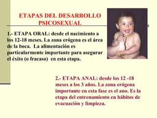 1.- ETAPA ORAL: desde el nacimiento a los 12-18 meses. La zona erógena es el área de la boca.  La alimentación es particularmente importante para asegurar el éxito (o fracaso)  en esta etapa.  ETAPAS DEL DESARROLLO PSICOSEXUAL 2.- ETAPA ANAL: desde los 12 -18 meses a los 3 años. La zona erógena importante en esta fase es el ano. Es la etapa del entrenamiento en hábitos de evacuación y limpieza.  