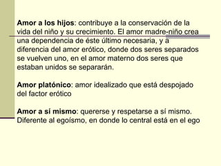 Amor a los hijos :  contribuye a la conservación de la vida del niño y su crecimiento. El amor madre-niño crea una dependencia de éste último necesaria, y a diferencia del amor erótico, donde dos seres separados se vuelven uno, en el amor materno dos seres que estaban unidos se separarán.  Amor platónico : amor idealizado que está despojado del factor erótico Amor a sí mismo : quererse y respetarse a sí mismo. Diferente al egoísmo, en donde lo central está en el ego 