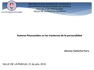 REPÚBLICA BOLIVARIANA DE VENEZUELA
UNIVERSIDAD BICENTENARIA DE ARAGUA
ESCUELA DE PSICOLOGÍA
VALLE DE LA PASCUA-GUÁRICO
Factores Psicosociales en los trastornos de la personalidad
Alumno: Katherine Parra
VALLE DE LA PASCUA, 21 de julio, 2018
 