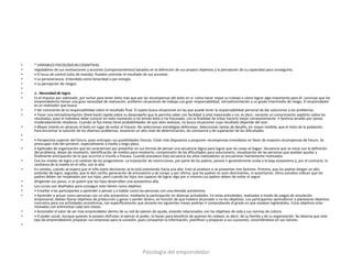 •   * VARIABLES PSICOLÓGICAS COGNITIVAS
•   reguladores de sus motivaciones y acciones (comportamientos) basados en la definición de sus propios objetivos y la percepción de su capacidad para conseguirlo.
•   • El locus de control (sitio de mando). Pueden controlar el resultado de sus acciones
•   • La perseverancia. Entendida como tenacidad o por energía.
•   • La percepción de riesgos.
•
•   1.- Necesidad de logro.
•   Es el impulso por sobresalir, por luchar para tener éxito más que por las recompensas del éxito en sí. cómo hacer mejor su trabajo o cómo lograr algo importante para él. concluye que los
    emprendedores tienen una gran necesidad de realización, prefieren situaciones de trabajo con gran responsabilidad, retroalimentación y un grado intermedio de riesgo. El emprendedor
    es un realizador que busca:
•   • Ser consciente de la responsabilidad sobre el resultado final. El sujeto busca situaciones en las que puede tener la responsabilidad personal de dar soluciones a los problemas.
•   • Tener una retroalimentación (feed-back) rápida sobre su desempeño que le permita saber con facilidad si está mejorando o no; es decir, necesita un conocimiento explícito sobre los
    resultados, pues el individuo debe conocer en todo momento si ha tenido éxito o ha fracasado, con la finalidad de tratar hacerlo mejor constantemente. • Sentirse atraído por tareas
    moderadamente retadoras. Cuando se fija metas tiene probabilidades de que sean exitosas, no busca situaciones cuyo resultado depende del azar.
•   • Mayor interés en alcanzar el éxito en lugar de evitar el fracaso. No seleccionan estrategias defensivas. Seleccionan tareas de desafío, en mayor medida, que el resto de la población.
    Para encontrar la solución de los diversos problemas, muestran un alto nivel de determinación, de constancia y de superación de las dificultades
•   .
•   • Perspectiva superior del futuro, pues anticipan sus posibilidades futuras. Están más dispuestos a posponer recompensas inmediatas en favor de mayores recompensas de futuro. Se
    preocupan más del porvenir, especialmente a medio y largo plazo.
•   • Aptitudes de organización que les caracterizan por presentar en sus formas de pensar una secuencia lógica para lograr que las cosas se hagan. Secuencia que se inicia con la definición
    del problema, deseo de resolverlo, identificación de medios para resolverlo, comprensión de las dificultades para solucionarlo, visualización de las personas que puedan ayudar y
    finalmente anticipación de lo que ocurrirá si triunfa o fracasa. Cuando prevalece esta secuencia los altos realizadores se encuentran fuertemente motivados.
•   Con los niveles de logro y el carácter de los progenitores. La imposición de restricciones, por parte de los padres, parece ir generalmente unida a la baja autoestima y, por el contrario, la
    confianza de la madre en el niño, con la alta.
•   En cambio, cuando se espera que el niño tome decisiones se le está orientando hacia una alta. Esto se produce si se presentan tres factores. Primero, que los padres tengan un alto
    estándar de logro; segundo, que le den cariño, generación de entusiasmo y de coraje; y por último, que los padres no sean dominantes, ni autoritarios. Otros estudios indican que los
    padres deben ser respetados por sus hijos, pero cuando los hijos son capaces de lograr algo por sí mismos sus padres deben de evitar el seguir
•   dirigiendo sus pasos, si se quiere que los hijos desarrollen una autoestima alta.
•   Los cursos son diseñados para conseguir esto tienen como objetivo:
•   • Enseñar a los participantes a aprender a pensar y a hablar como las personas con una elevada autoestima.
•   • Aprender a actuar como personas con un alta autoestima mediante la participación en diversas actividades. En estas actividades, realizadas a través de juegos de simulación
    empresarial, debían fijarse objetivos de producción y ganar o perder dinero, en función de que hubiera alcanzado o no los objetivos. Los participantes aprendieron a plantearse objetivos
    concretos para sus actividades económicas, tan específicamente que durante los siguientes meses podrían ir comprobando el grado en que estaban lográndolos. Estos objetivos eran
    revisados con entrevistas cada seis meses.
•   • Acomodar el valor de ser más emprendedor dentro de su red de valores de ayuda, estando relacionados con los objetivos de vida y sus normas de cultura.
•   • El poder social. Aunque quienes lo poseen disfrutan al ejercer el poder, lo hacen para beneficio de quienes les rodean, es decir, de su familia y de su organización. Se observa que este
    tipo de emprendedores preparan sus empresas para la sucesión, pues comparten la información, planifican y preparan a sus sucesores, convirtiéndose en sus tutores.
•




                                                                         Psicología del emprendedor
 