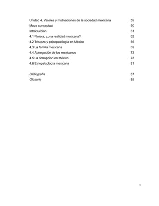 3
Unidad 4. Valores y motivaciones de la sociedad mexicana 59
Mapa conceptual 60
Introducción 61
4.1 Flojera, ¿una realidad mexicana? 62
4.2 Tristeza y psicopatología en México 66
4.3 La familia mexicana 69
4.4 Abnegación de los mexicanos 73
4.5 La corrupción en México 78
4.6 Etnopsicología mexicana 81
Bibliografía 87
Glosario 89
 