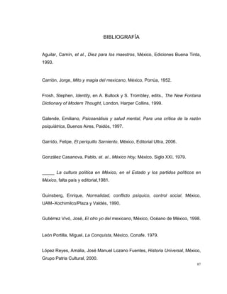 87
BIBLIOGRAFÍA
Aguilar, Camín, et al., Diez para los maestros, México, Ediciones Buena Tinta,
1993.
Carrión, Jorge, Mito y magia del mexicano, México, Porrúa, 1952.
Frosh, Stephen, Identity, en A. Bullock y S. Trombley, edits., The New Fontana
Dictionary of Modern Thought, London, Harper Collins, 1999.
Galende, Emiliano, Psicoanálisis y salud mental, Para una crítica de la razón
psiquiátrica, Buenos Aires, Paidós, 1997.
Garrido, Felipe, El periquillo Sarniento, México, Editorial Ultra, 2006.
González Casanova, Pablo, et. al., México Hoy, México, Siglo XXI, 1979.
_____ La cultura política en México, en el Estado y los partidos políticos en
México, falta país y editorial,1981.
Guinsberg, Enrique, Normalidad, conflicto psíquico, control social, México,
UAM–Xochimilco/Plaza y Valdés, 1990.
Gutiérrez Vivó, José, El otro yo del mexicano, México, Océano de México, 1998.
León Portilla, Miguel, La Conquista, México, Conafe, 1979.
López Reyes, Amalia, José Manuel Lozano Fuentes, Historia Universal, México,
Grupo Patria Cultural, 2000.
 