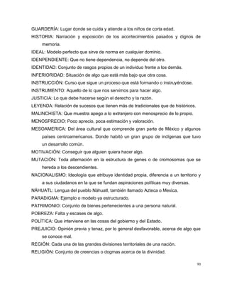 90
GUARDERÍA: Lugar donde se cuida y atiende a los niños de corta edad.
HISTORIA: Narración y exposición de los acontecimientos pasados y dignos de
memoria.
IDEAL: Modelo perfecto que sirve de norma en cualquier dominio.
IDENPENDIENTE: Que no tiene dependencia, no depende del otro.
IDENTIDAD: Conjunto de rasgos propios de un individuo frente a los demás.
INFERIORIDAD: Situación de algo que está más bajo que otra cosa.
INSTRUCCIÓN: Curso que sigue un proceso que está formando o instruyéndose.
INSTRUMENTO: Aquello de lo que nos servimos para hacer algo.
JUSTICIA: Lo que debe hacerse según el derecho y la razón.
LEYENDA: Relación de sucesos que tienen más de tradicionales que de históricos.
MALINCHISTA: Que muestra apego a lo extranjero con menosprecio de lo propio.
MENOSPRECIO: Poco aprecio, poca estimación y valoración.
MESOAMERICA: Del área cultural que comprende gran parte de México y algunos
países centroamericanos. Donde habitó un gran grupo de indígenas que tuvo
un desarrollo común.
MOTIVACIÓN: Conseguir que alguien quiera hacer algo.
MUTACIÓN: Toda alternación en la estructura de genes o de cromosomas que se
hereda a los descendientes.
NACIONALISMO: Ideología que atribuye identidad propia, diferencia a un territorio y
a sus ciudadanos en la que se fundan aspiraciones políticas muy diversas.
NÁHUATL: Lengua del pueblo Náhuatl, también llamado Azteca o Mexica.
PARADIGMA: Ejemplo o modelo ya estructurado.
PATRIMONIO: Conjunto de bienes pertenecientes a una persona natural.
POBREZA: Falta y escases de algo.
POLÍTICA: Que interviene en las cosas del gobierno y del Estado.
PREJUICIO: Opinión previa y tenaz, por lo general desfavorable, acerca de algo que
se conoce mal.
REGIÓN: Cada una de las grandes divisiones territoriales de una nación.
RELIGIÓN: Conjunto de creencias o dogmas acerca de la divinidad.
 