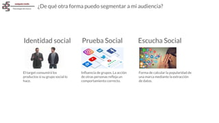 ¿De qué otra forma puedo segmentar a mi audiencia?
Identidad social
El target consumirá los
productos si su grupo social lo
hace.
Prueba Social
Inﬂuencia de grupos. La acción
de otras personas reﬂeja un
comportamiento correcto.
Escucha Social
Forma de calcular la popularidad de
una marca mediante la extracción
de datos.
 