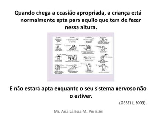 Quando chega a ocasião apropriada, a criança está
normalmente apta para aquilo que tem de fazer
nessa altura.
E não estará apta enquanto o seu sistema nervoso não
o estiver.
(GESELL, 2003).
Ms. Ana Larissa M. Perissini
 