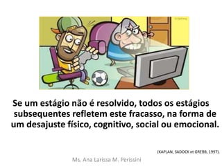 Se um estágio não é resolvido, todos os estágios
subsequentes refletem este fracasso, na forma de
um desajuste físico, cognitivo, social ou emocional.
(KAPLAN, SADOCK et GREBB, 1997).
Ms. Ana Larissa M. Perissini
 