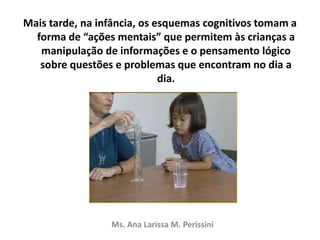 Mais tarde, na infância, os esquemas cognitivos tomam a
forma de “ações mentais” que permitem às crianças a
manipulação de informações e o pensamento lógico
sobre questões e problemas que encontram no dia a
dia.
Ms. Ana Larissa M. Perissini
 