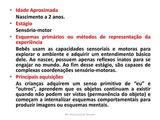 Ms. Ana Larissa M. Perissini
• Idade Aproximada
Nascimento a 2 anos.
• Estágio
Sensório-motor
• Esquemas primários ou métodos de representação da
experiência
Bebês usam as capacidades sensoriais e motoras para
explorar o ambiente e adquirir um entendimento básico
dele. Ao nascer, possuem apenas reflexos inatos para se
engajar no mundo. Ao fim desse estágio, são capazes de
complexas coordenações sensório-motoras.
• Principais aquisições
As crianças adquirem um senso primitivo de “eu” e
“outros”, aprendem que os objetos continuam a existir
quando não podem ser vistos (permanência do objeto) e
começam a internalizar esquemas comportamentais para
produzir imagens ou esquemas mentais.
 
