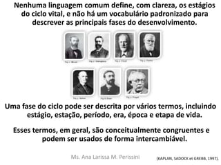 Nenhuma linguagem comum define, com clareza, os estágios
do ciclo vital, e não há um vocabulário padronizado para
descrever as principais fases do desenvolvimento.
Uma fase do ciclo pode ser descrita por vários termos, incluindo
estágio, estação, período, era, época e etapa de vida.
Esses termos, em geral, são conceitualmente congruentes e
podem ser usados de forma intercambiável.
(KAPLAN, SADOCK et GREBB, 1997).Ms. Ana Larissa M. Perissini
 