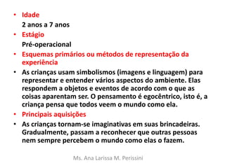 • Idade
2 anos a 7 anos
• Estágio
Pré-operacional
• Esquemas primários ou métodos de representação da
experiência
• As crianças usam simbolismos (imagens e linguagem) para
representar e entender vários aspectos do ambiente. Elas
respondem a objetos e eventos de acordo com o que as
coisas aparentam ser. O pensamento é egocêntrico, isto é, a
criança pensa que todos veem o mundo como ela.
• Principais aquisições
• As crianças tornam-se imaginativas em suas brincadeiras.
Gradualmente, passam a reconhecer que outras pessoas
nem sempre percebem o mundo como elas o fazem.
Ms. Ana Larissa M. Perissini
 