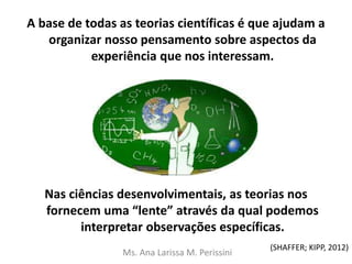 A base de todas as teorias científicas é que ajudam a
organizar nosso pensamento sobre aspectos da
experiência que nos interessam.
Nas ciências desenvolvimentais, as teorias nos
fornecem uma “lente” através da qual podemos
interpretar observações específicas.
Ms. Ana Larissa M. Perissini
(SHAFFER; KIPP, 2012)
 