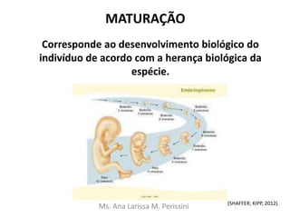 MATURAÇÃO
Corresponde ao desenvolvimento biológico do
indivíduo de acordo com a herança biológica da
espécie.
Ms. Ana Larissa M. Perissini (SHAFFER; KIPP, 2012).
 