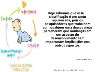 Hoje sabemos que essa
classificação é um tanto
equivocada, pois os
pesquisadores que trabalham
com qualquer uma dessas áreas
perceberam que mudanças em
um aspecto do
desenvolvimento têm
importantes implicações nos
outros aspectos.
(SHAFFER; KIPP, 2012).
Ms. Ana Larissa M. Perissini
 
