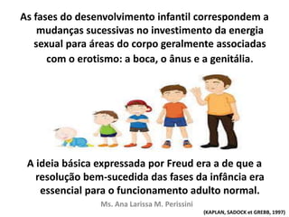 As fases do desenvolvimento infantil correspondem a
mudanças sucessivas no investimento da energia
sexual para áreas do corpo geralmente associadas
com o erotismo: a boca, o ânus e a genitália.
A ideia básica expressada por Freud era a de que a
resolução bem-sucedida das fases da infância era
essencial para o funcionamento adulto normal.
Ms. Ana Larissa M. Perissini
(KAPLAN, SADOCK et GREBB, 1997)
 