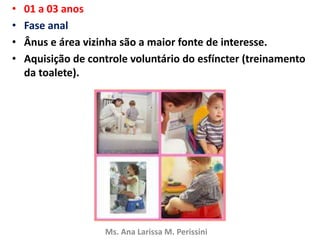 • 01 a 03 anos
• Fase anal
• Ânus e área vizinha são a maior fonte de interesse.
• Aquisição de controle voluntário do esfíncter (treinamento
da toalete).
Ms. Ana Larissa M. Perissini
 