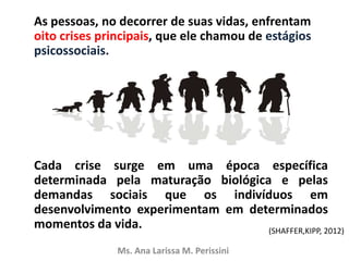 As pessoas, no decorrer de suas vidas, enfrentam
oito crises principais, que ele chamou de estágios
psicossociais.
Cada crise surge em uma época específica
determinada pela maturação biológica e pelas
demandas sociais que os indivíduos em
desenvolvimento experimentam em determinados
momentos da vida.
Ms. Ana Larissa M. Perissini
(SHAFFER,KIPP, 2012)
 