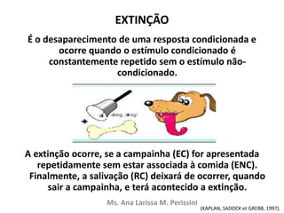 EXTINÇÃO
É o desaparecimento de uma resposta condicionada e
ocorre quando o estímulo condicionado é
constantemente repetido sem o estímulo não-
condicionado.
A extinção ocorre, se a campainha (EC) for apresentada
repetidamente sem estar associada à comida (ENC).
Finalmente, a salivação (RC) deixará de ocorrer, quando
sair a campainha, e terá acontecido a extinção.
Ms. Ana Larissa M. Perissini
(KAPLAN, SADOCK et GREBB, 1997).
 